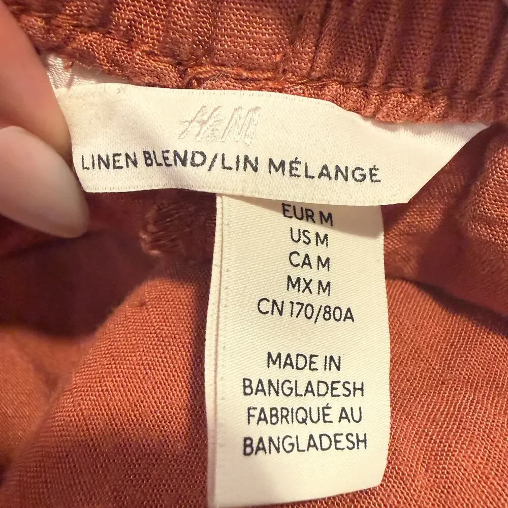 H&M Linen Blend Wide Leg Pull On Pants Rust Orange Relaxed Medium Resort Summer